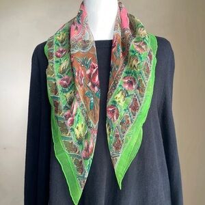 Vintage scarf in rich colors and pattern. Greens and pinks. Silky rayon. 35” sq.